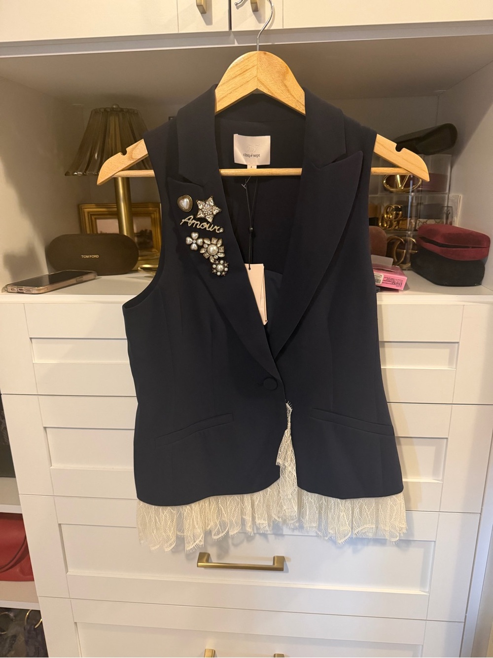 cinq a sept Navy Sleeveless Blazer Vest with Lace Hem and Brooch Accents - Picture 4 of 8